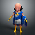 Animated Bald Character With Blue Cape Gray Tunic Golden Medallion Yellow Gloves And Black Wings
