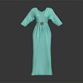 Elegant Turquoise Long Dress With V Neck Three Quarter Sleeves And Belted Waist