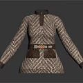 Elegant High Neck Knitted Sweater With Woven Pattern Brown Belt Gold Buckle Pockets