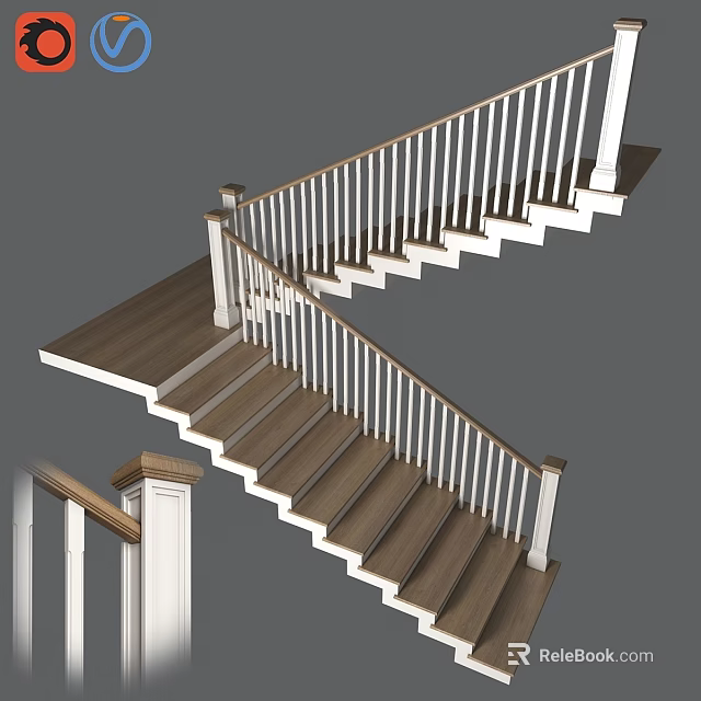 Modern Wooden Staircase With White Railings And Handrails For Home 3d model 