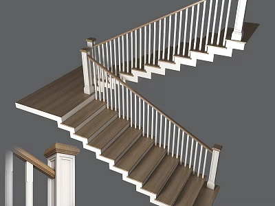Modern Wooden Staircase With White Railings And Handrails For Home 3d model
