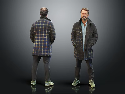 Man Back View in Plaid Coat and Front View Dark Coat Dark Pants Green Shoes 3d model