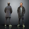 Man Back View in Plaid Coat and Front View Dark Coat Dark Pants Green Shoes