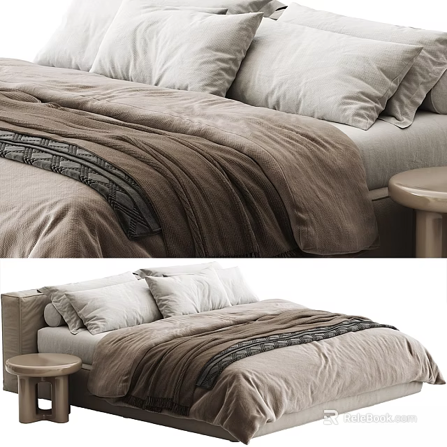 Cozy Double Bed With Brown Velvet Bedding White Pillows And Round Side Table 3d model 