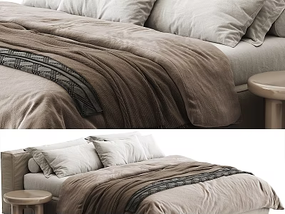 Cozy Double Bed With Brown Velvet Bedding White Pillows And Round Side Table 3d model