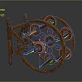 Ancient Intricate Mechanical Weapon Featuring Wooden Frame And Copper Rotating Gears