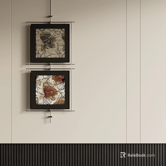 Abstract Paintings on White Wall with Black Frames Featuring Vibrant Colors and Textures 3d model 