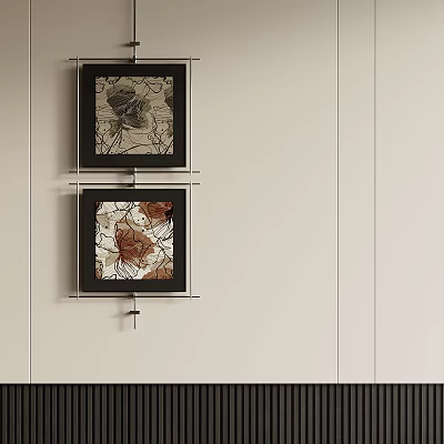 Abstract Paintings on White Wall with Black Frames Featuring Vibrant Colors and Textures 3d model