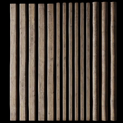 Vertical Wooden Pillars With Textured Surface In Symmetrical Interior Arrangement Design 3d model