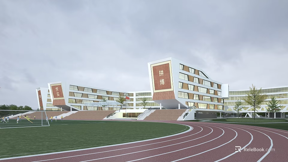Modern School Building With Red White Facade Running Track And Green Lawn 3d model 