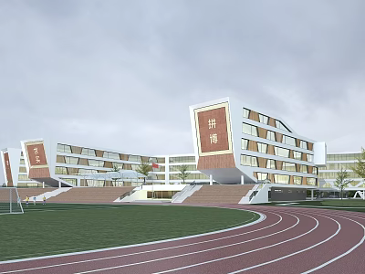 Modern School Building With Red White Facade Running Track And Green Lawn 3d model