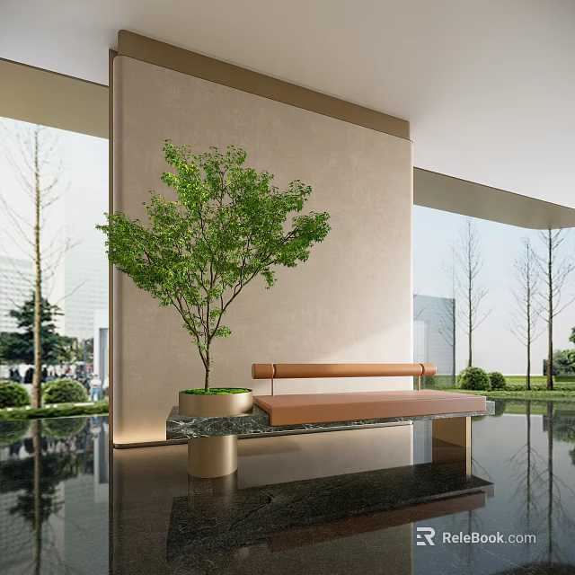 Modern Landscape Bench With Green Tree And Marble Base In Indoor Outdoor Space 3d model 