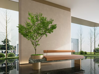 Modern Landscape Bench With Green Tree And Marble Base In Indoor Outdoor Space 3d model