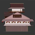 Traditional Japanese Style Multi Story Building With Pink Roof Red Lanterns And Wooden Balcony
