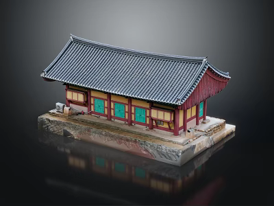 Ancient Traditional Architecture With Curved Tile Roof Red Walls Green Windows And Stone Base 3d model