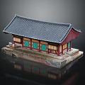 Ancient Traditional Architecture With Curved Tile Roof Red Walls Green Windows And Stone Base