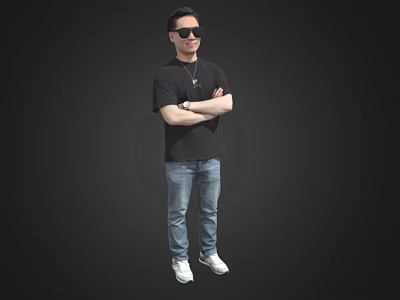 Stylish Man in Black T-shirt Blue Jeans White Sneakers With Arms Crossed Against Black Background 3d model