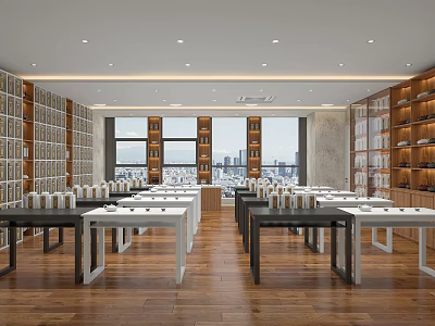 Spacious Specialty Store With Wooden Display Cabinets Tables And City View Windows 3d model