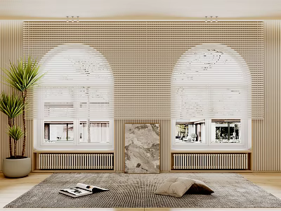 Modern Window Blinds For Arch Windows In Living Room With Natural Light And Decorative Plants 3d model