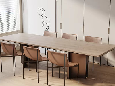 Modern Dining Area With Long Wooden Table And Metal Leg Chairs 3d model