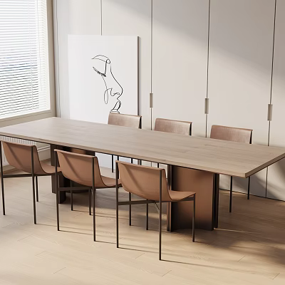 Modern Dining Area With Long Wooden Table And Metal Leg Chairs 3d model