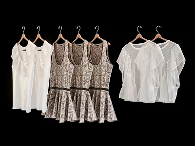 Stylish Clothes Hanging On Hangers With Various White And Patterned Design Styles 3d model