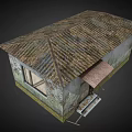 Dilapidated Small Hut With Rusted Roof Peeling Mossy Walls And Wooden Door Steps