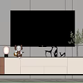 Modern TV Stand With Large Screen TV Decorative Items And Green Plant