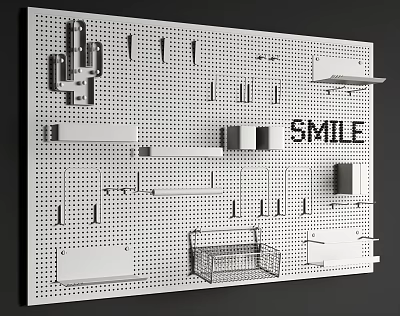 White Pegboard Wall Organizer With Hooks Shelves Basket And SMILE Letter Decor 3d model White Pegboard Wall Organizer With Hooks Shelves Basket And SMILE Letter Decor 3d model