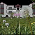 Modern Building Scene With Green Lawn Dandelions Pink Flowers And Trees