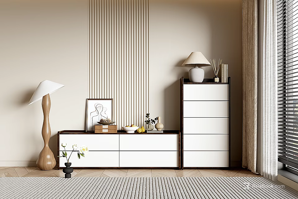 Modern Entryway Cabinet and Sideboard with White Finish Decorative Vase Floor Lamp and Striped Wall 3d model 