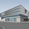 Modern Office Building Exterior With Glass Curtain Wall And Pedestrians Nearby Bicycles