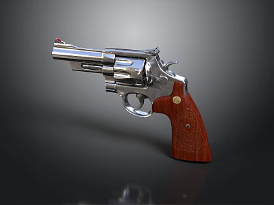 Silver Classic Revolver Featuring Metallic Gloss And Red Wooden Grip With Wood Grain 3d model