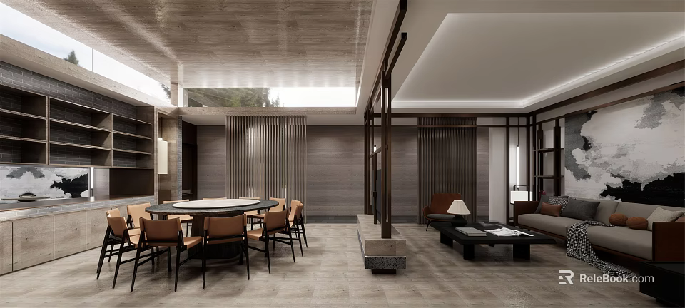 Modern Private Room Interior With Wooden Elements Round Dining Table Sofa And Warm Lighting 3d model