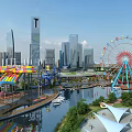 Aerial Planning of City Skyline Waterfront with Ferris Wheel Water Slides and Green Spaces
