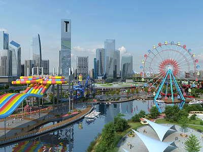 Aerial Planning of City Skyline Waterfront with Ferris Wheel Water Slides and Green Spaces 3d model
