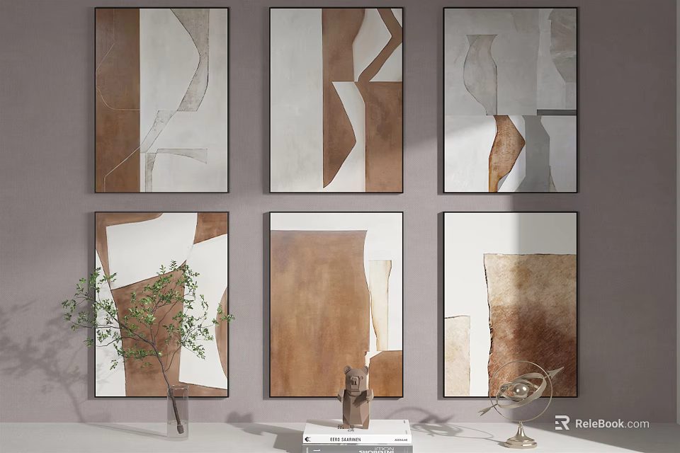 Modern Abstract Wall Art With Brown White Gray Tones And Decorative Elements 3d model