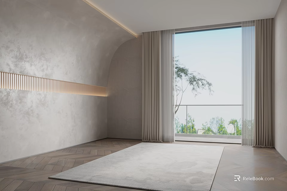 Gray Arched Bed Background Wall With LED Lighting Herringbone Flooring Curtained Window And Greenery View 3d model 