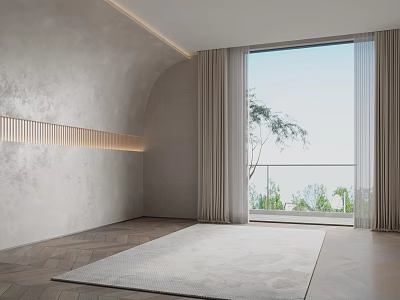 Gray Arched Bed Background Wall With LED Lighting Herringbone Flooring Curtained Window And Greenery View 3d model