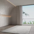 Gray Arched Bed Background Wall With LED Lighting Herringbone Flooring Curtained Window And Greenery View