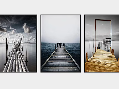 Three Panel Dock Wall Art Featuring Seaside Scenery And Wooden Pier 3d model