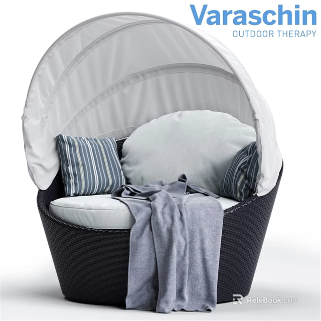 Sofa Stool with White Canopy Black Woven Frame and Striped Light Cushions Gray Blanket 3d model 