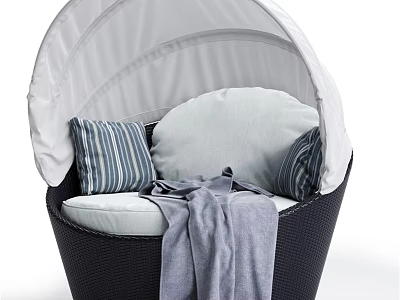 Sofa Stool with White Canopy Black Woven Frame and Striped Light Cushions Gray Blanket 3d model