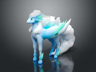 Elegant Fantasy Game Character With Blue Body White Cloud Mane Tail And Green Leaf Details 3d model