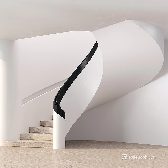 Modern Spiral Staircase Interior Design With White Structure Black Handrail And Light Stone Steps 3d model