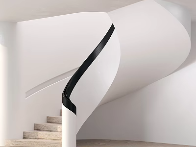 Modern Spiral Staircase Interior Design With White Structure Black Handrail And Light Stone Steps 3d model