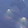 Scenic Evening Landscape With White House Wooden Fence Street Lamps Wet Ground And Foggy Atmosphere