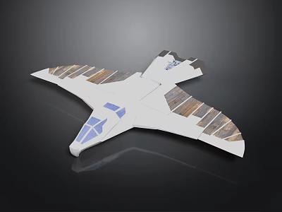 Modern White Airplane Model With Wooden Pattern Wings And Blue Tail Details 3d model