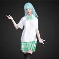 Woman with light blue hair wearing white shirt green bow tie and green plaid skirt