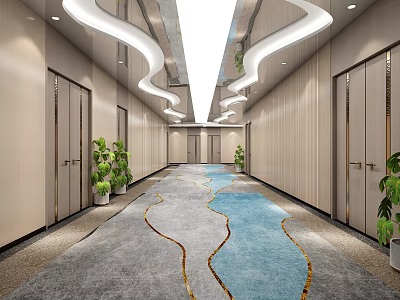 Modern Corridor Design In Cultural Center With Streamlined Lights 3d model